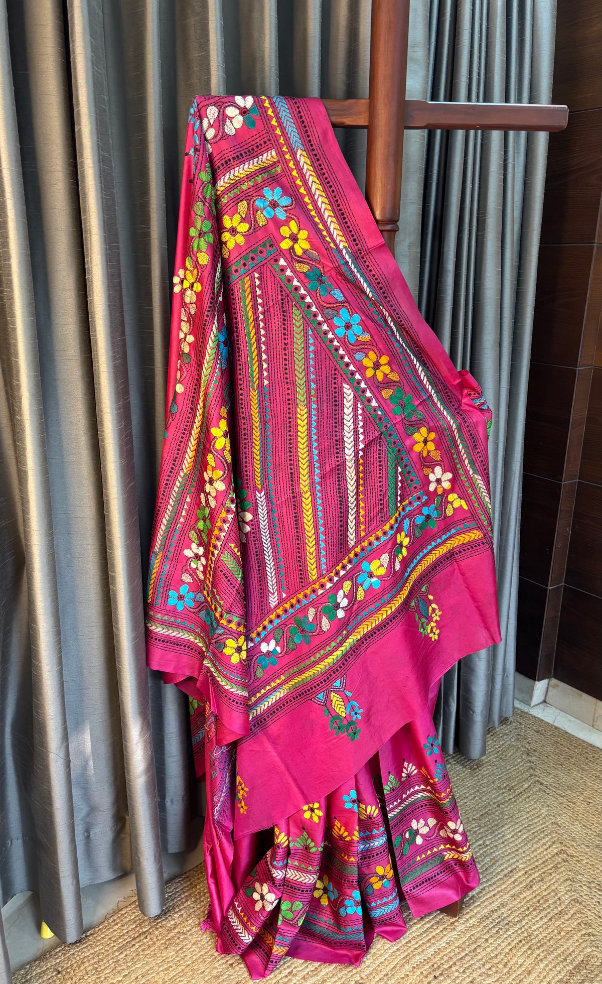 Hot Pink Hand Kantha Stitch Saree on Blended Bangalore Silk Saree