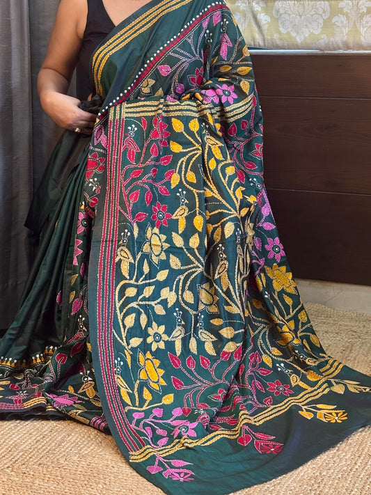 Green Flower motif Hand Kantha Work Saree