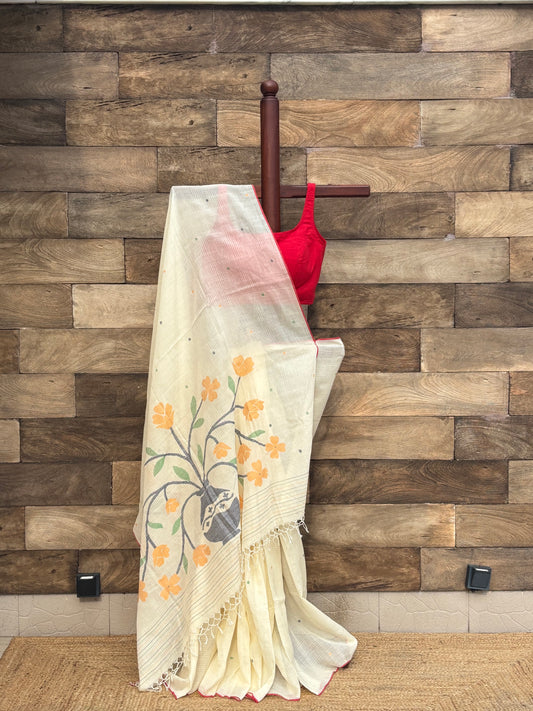 light Lemon Yellow Soft Pure Cotton handwoven Bengal Jamdani Saree
