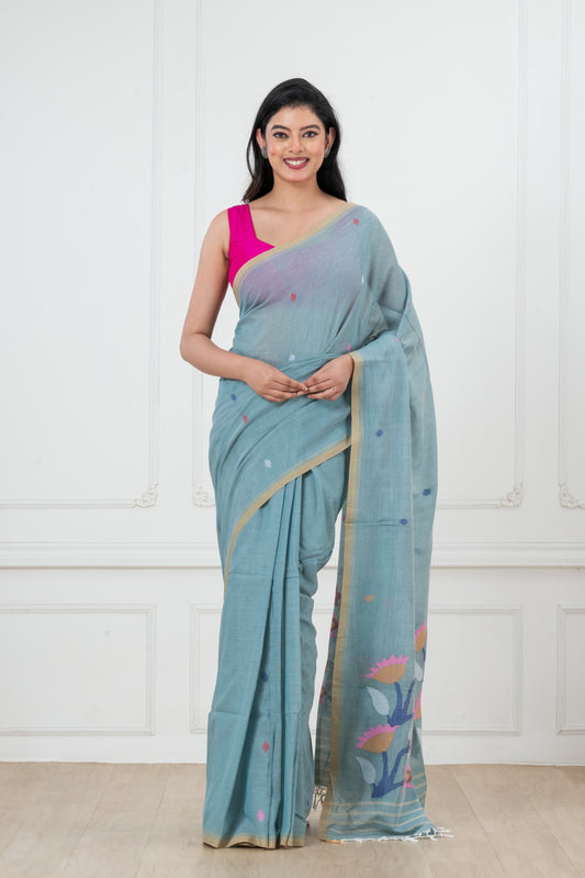 Pure Cotton Handwoven meddle work Jamdani Saree