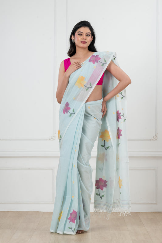 light blue Pure Cotton Handwoven meddle work Jamdani Saree