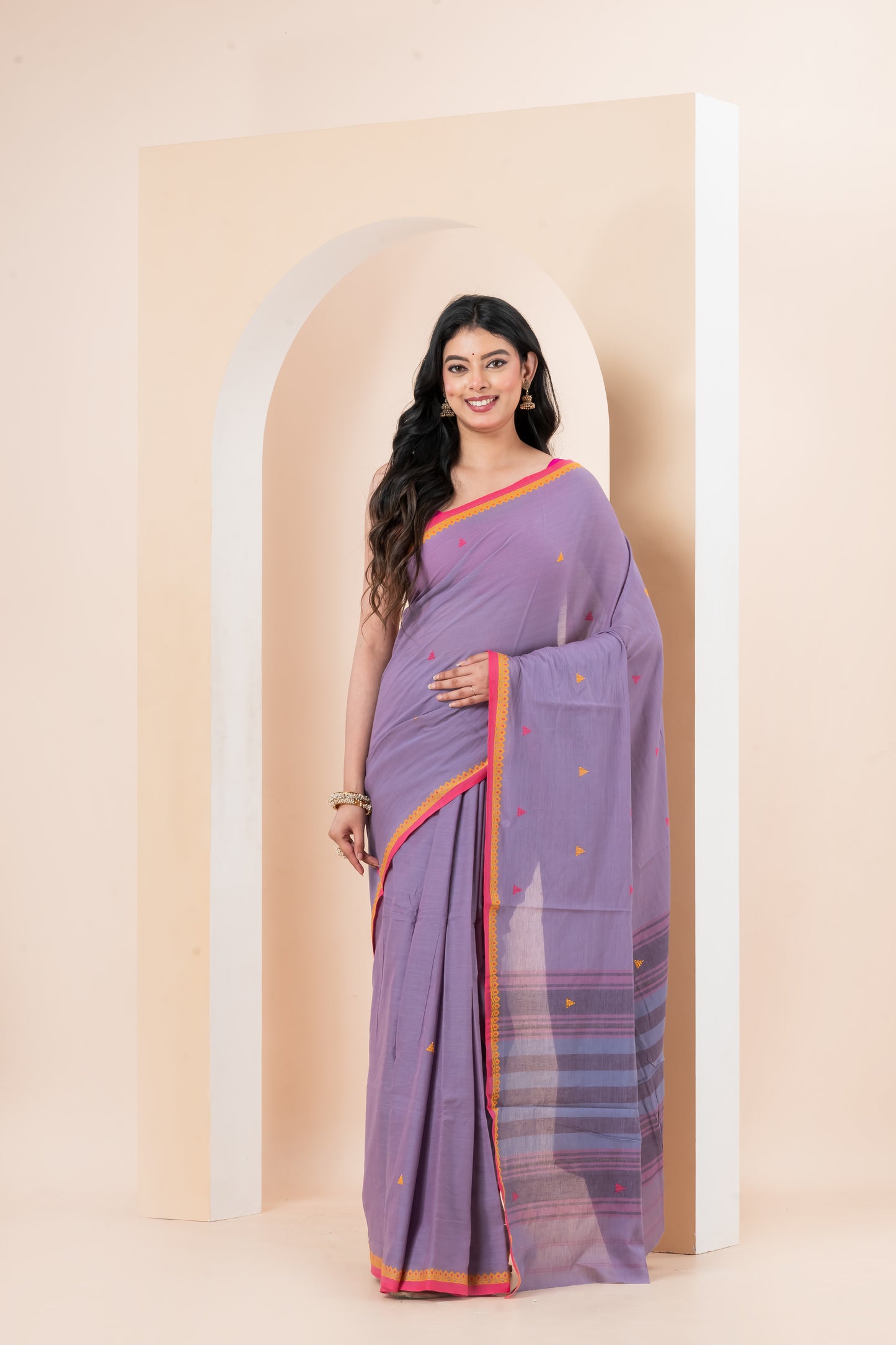 Lavender Pure Cotton Dhonekhali Saree