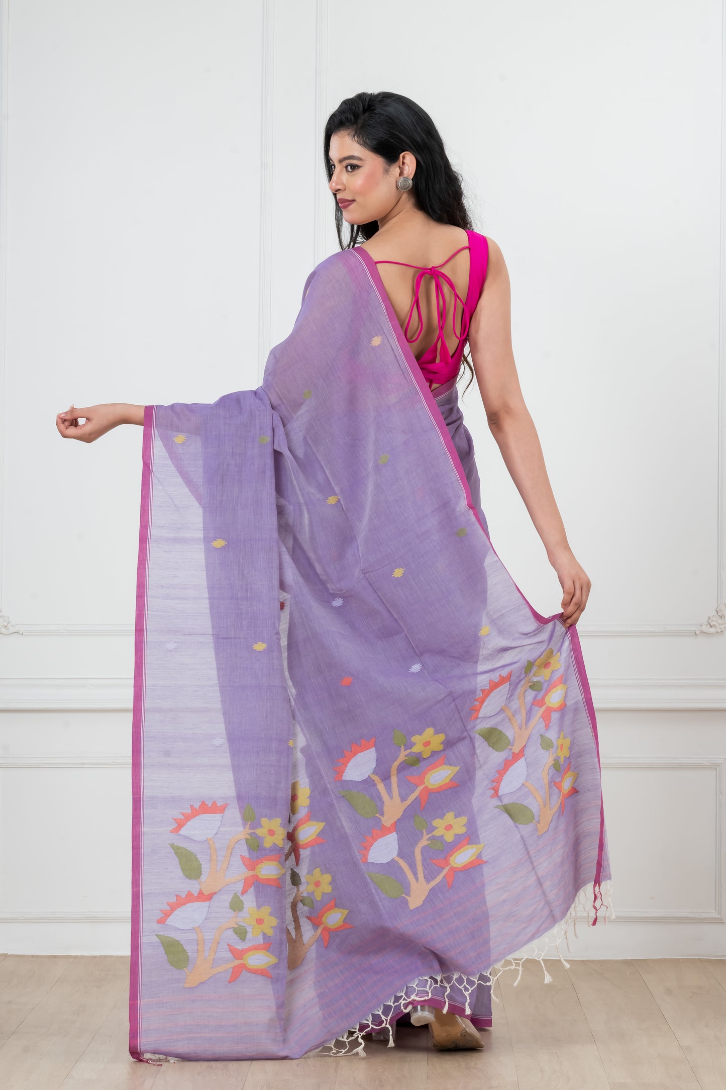Mauve Pure Cotton Handwoven meddle work Jamdani Saree