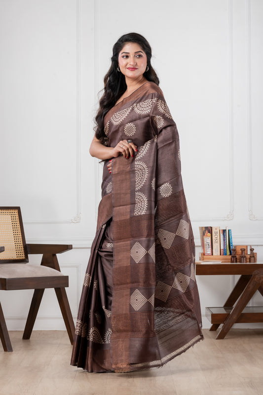 Dark Brown Pure Tussar Zari Border saree