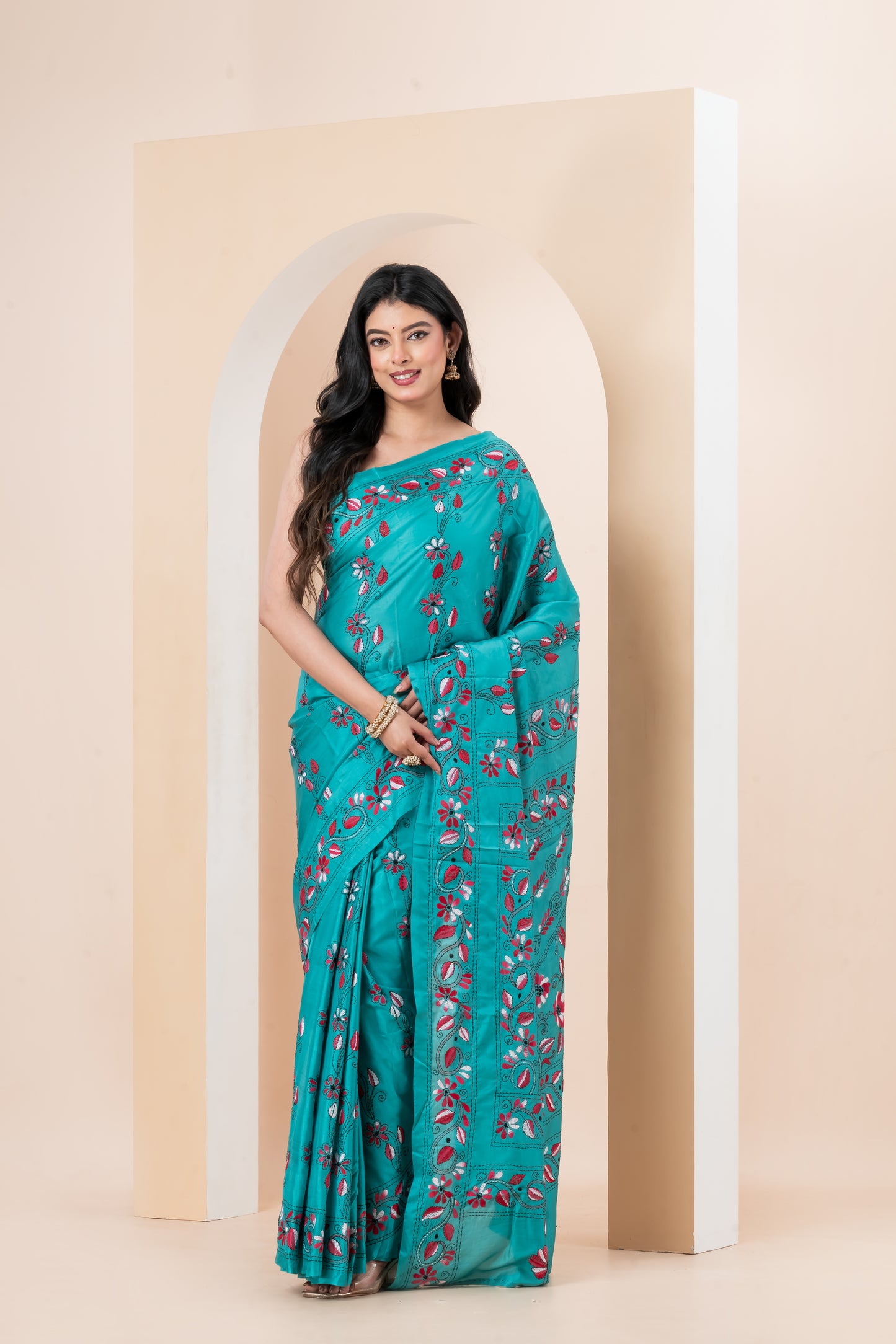 Kantha stench saree on Blended Bangalore Silk