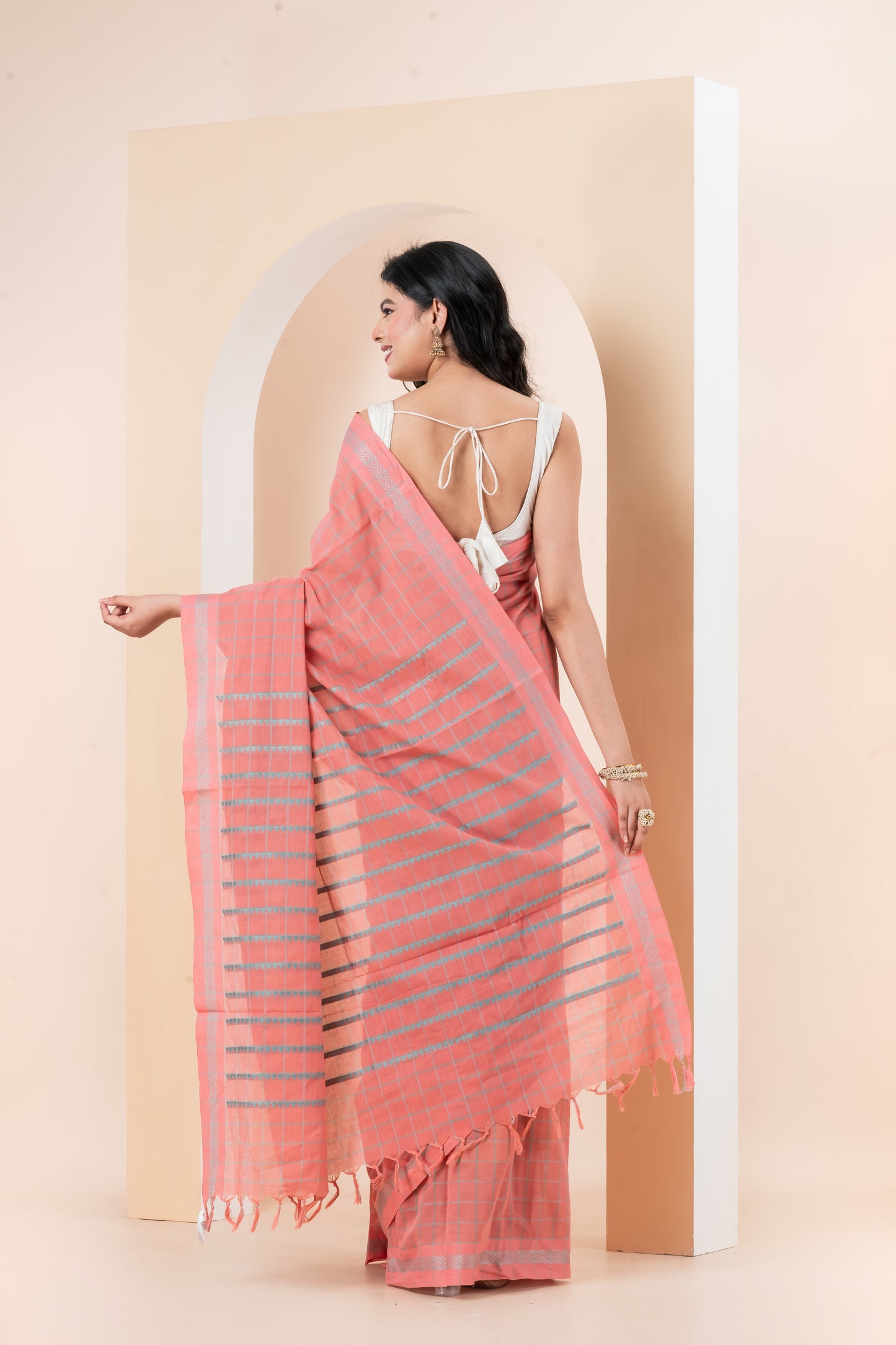 Peach-Pink Striped Begumpuri Pure Cotton Saree