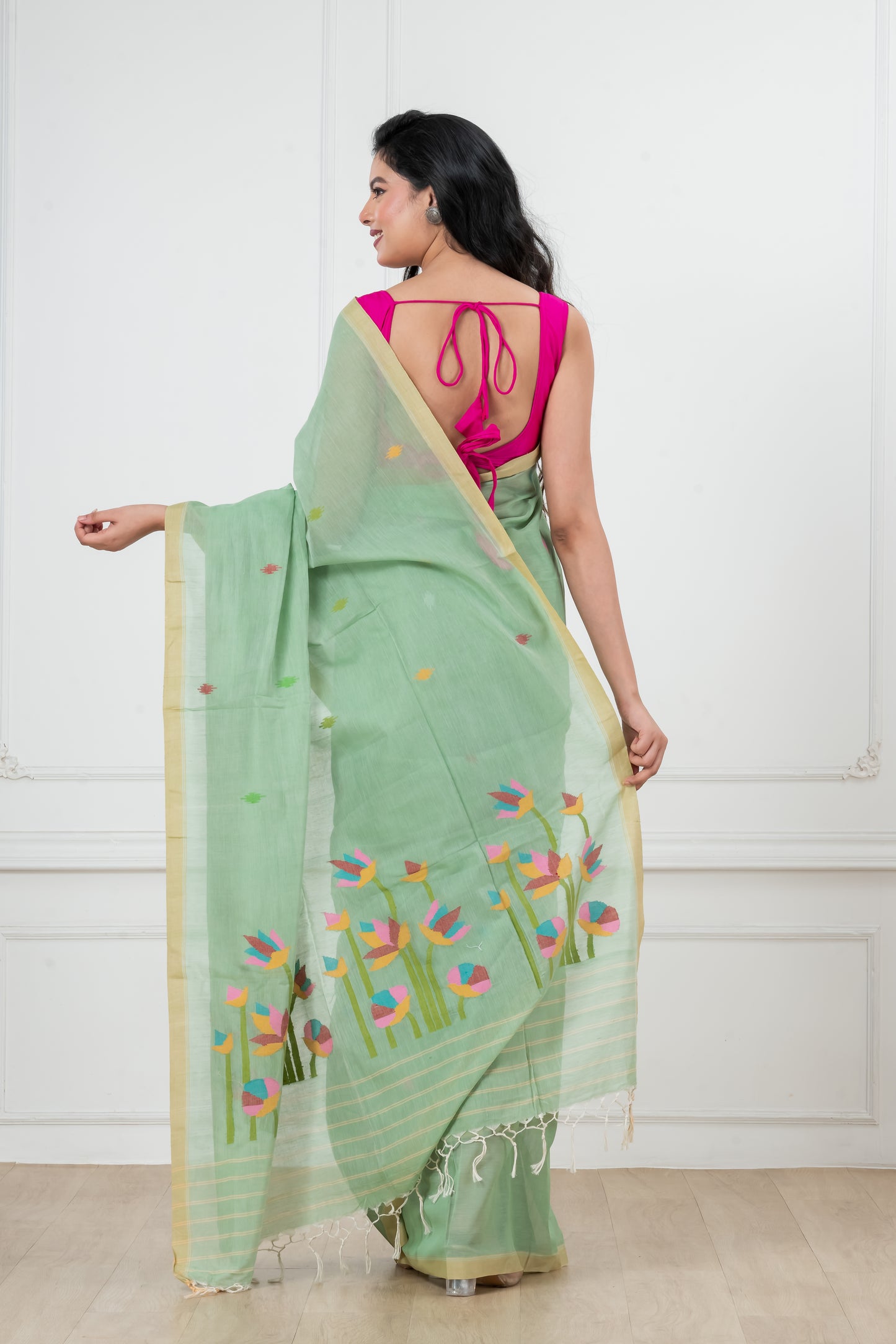 Green Saree Pure Cotton Handwoven meddle work Jamdani Saree