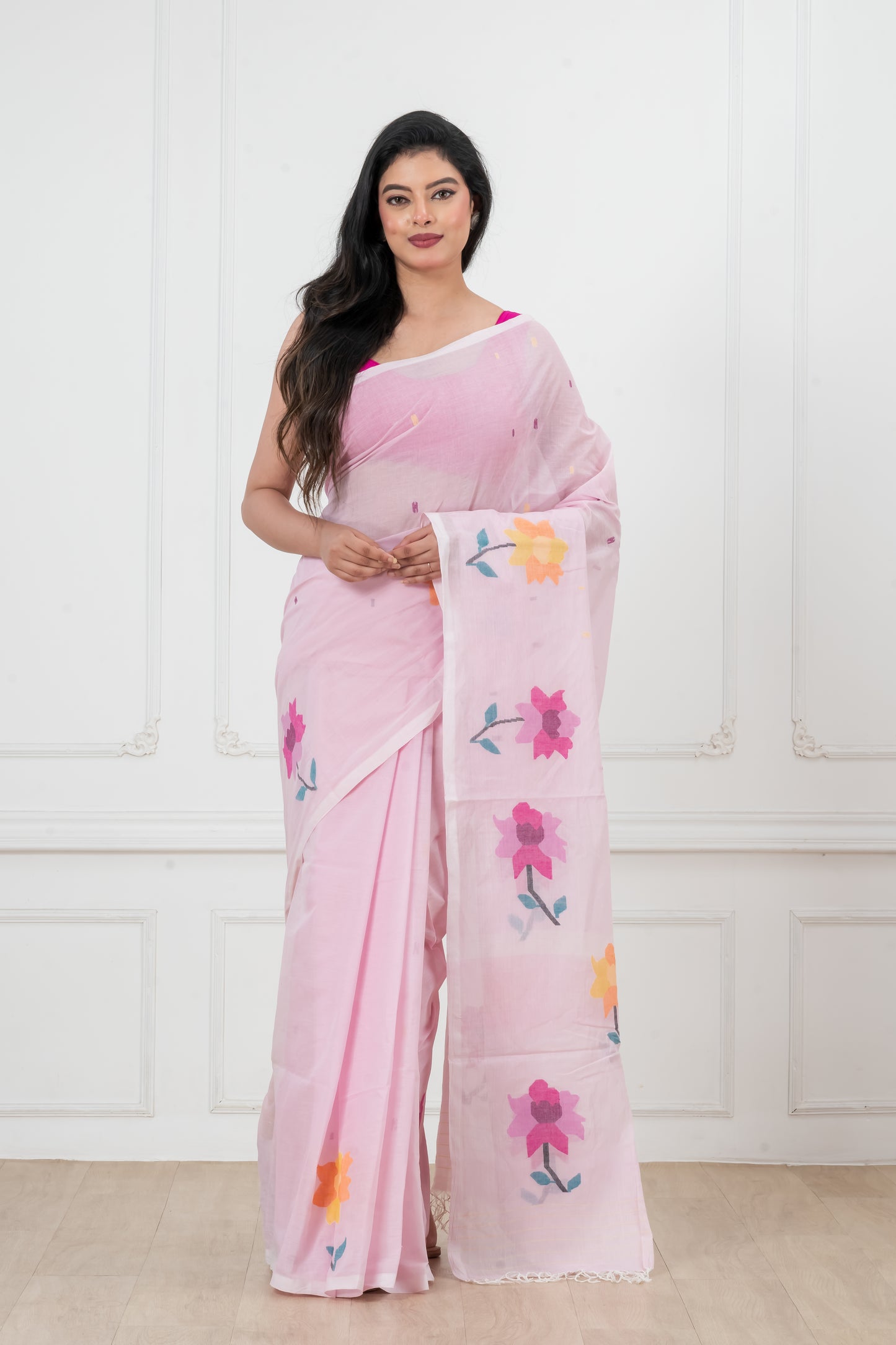 Pink Saree Pure Cotton Handwoven meddle work Jamdani Saree