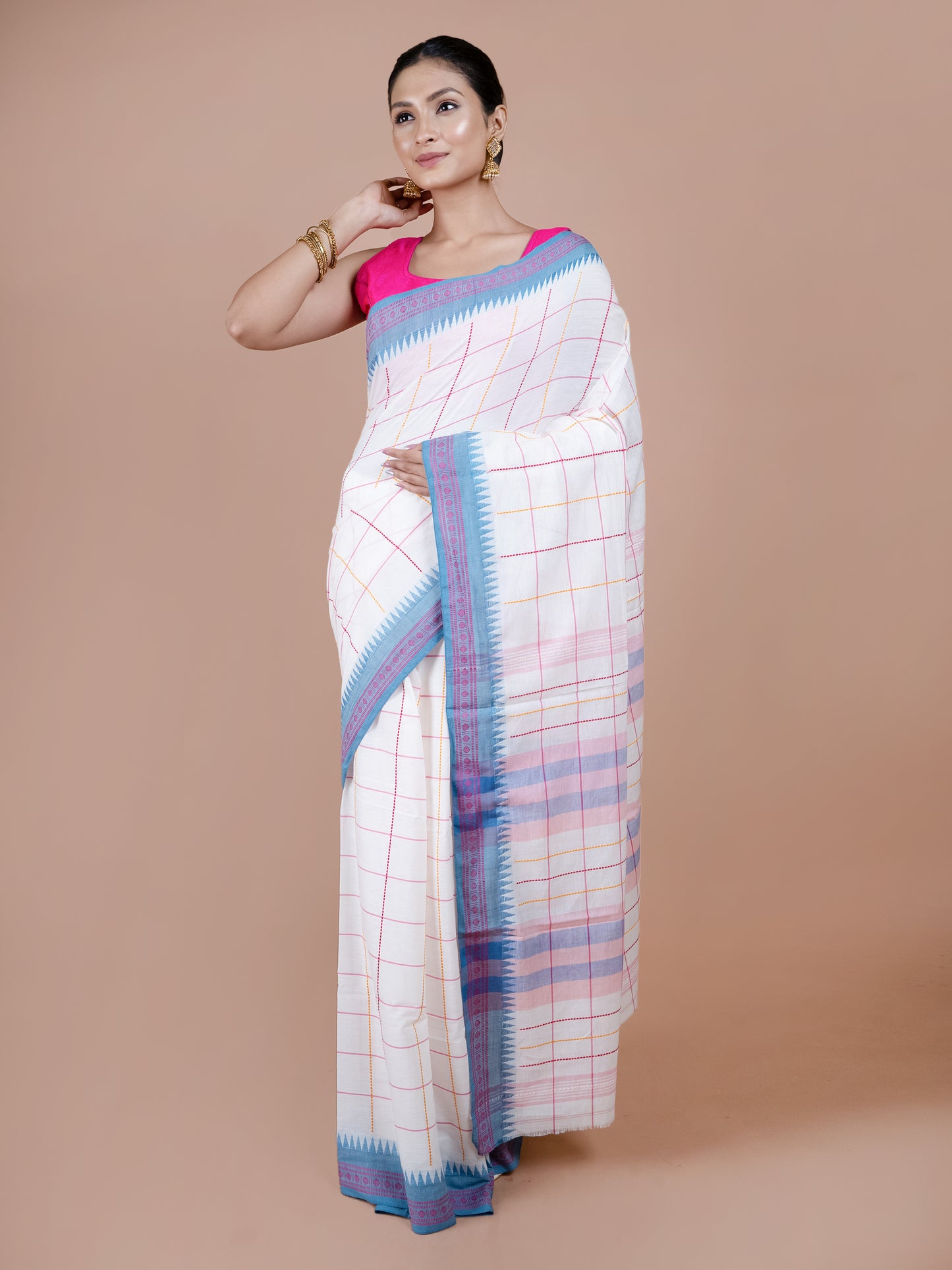 White & Sky blue Temple Border Dhonekhali Cotton Saree