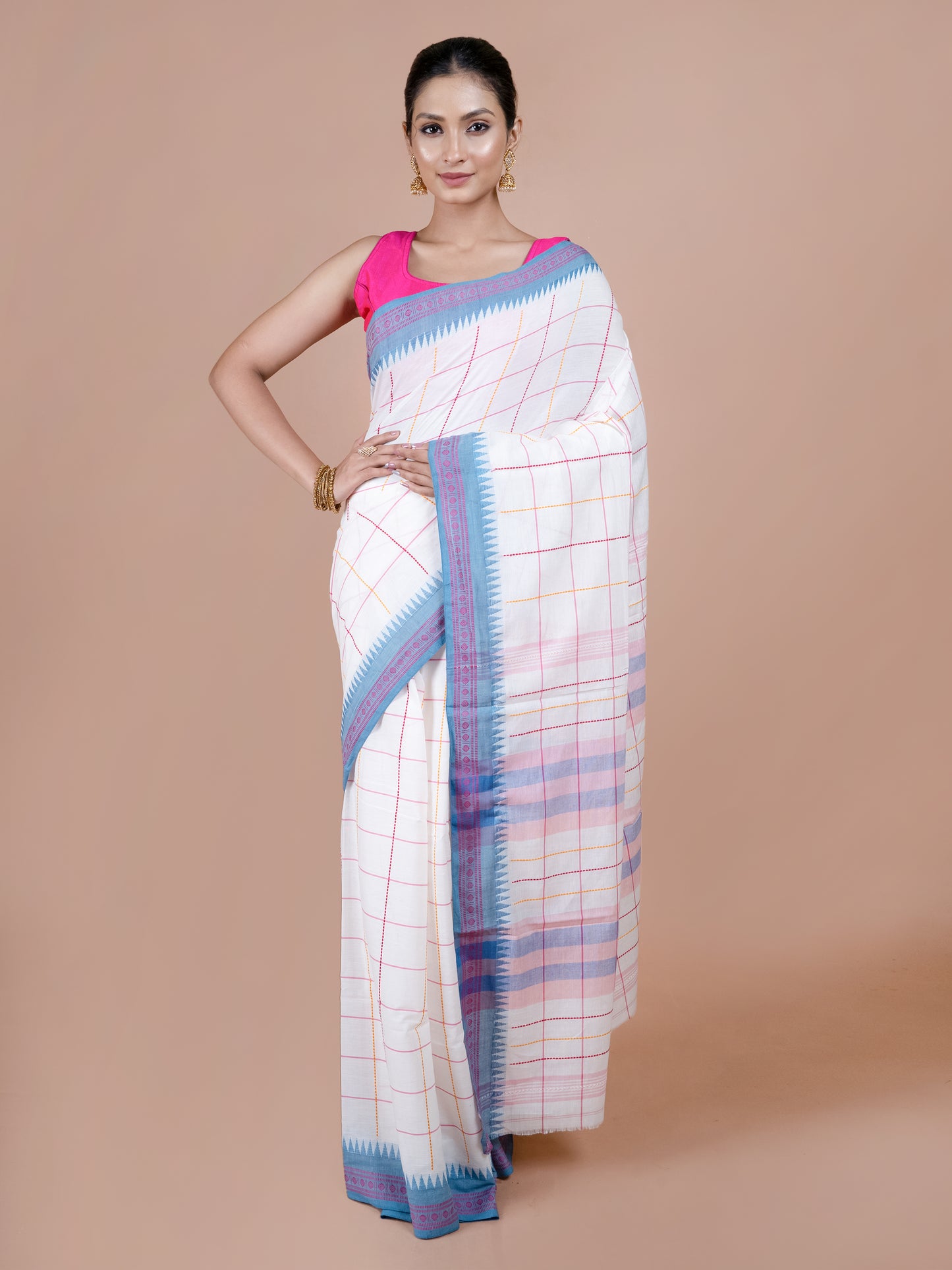 White & Sky blue Temple Border Dhonekhali Cotton Saree