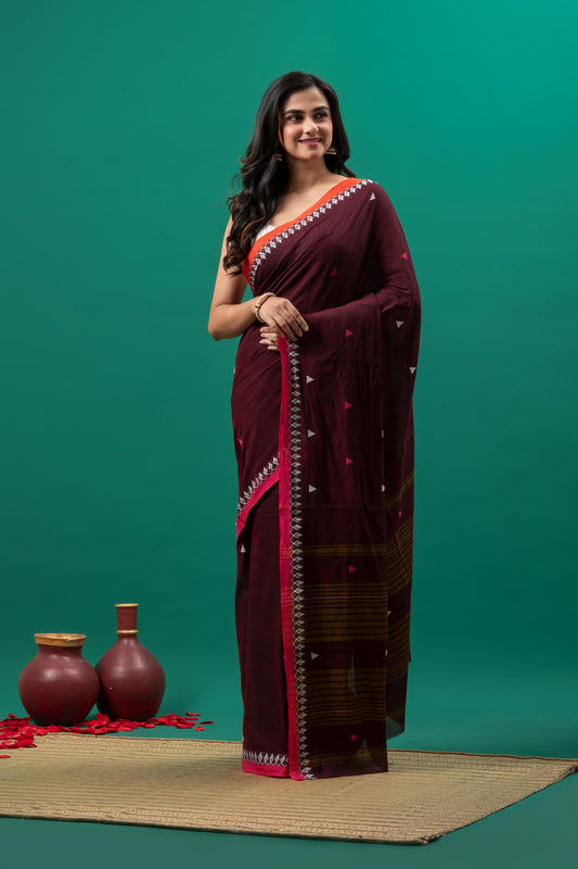 Dark Maroon Dhanekhali pure cotton saree