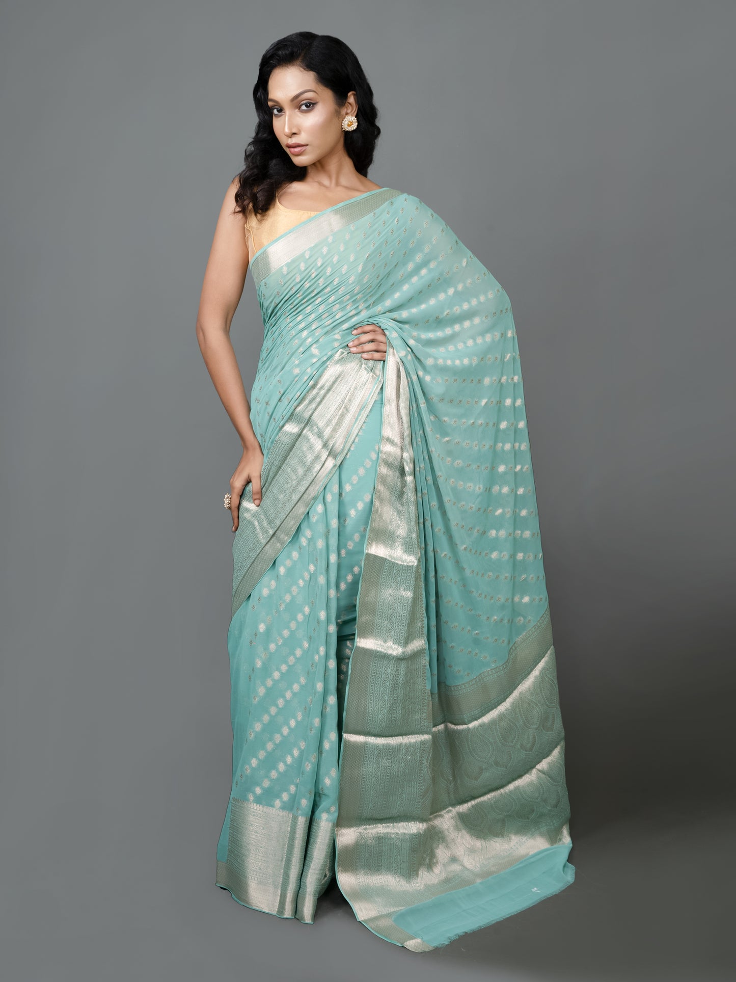 Whispering Blue Fancy Chiffon Benarasi Saree