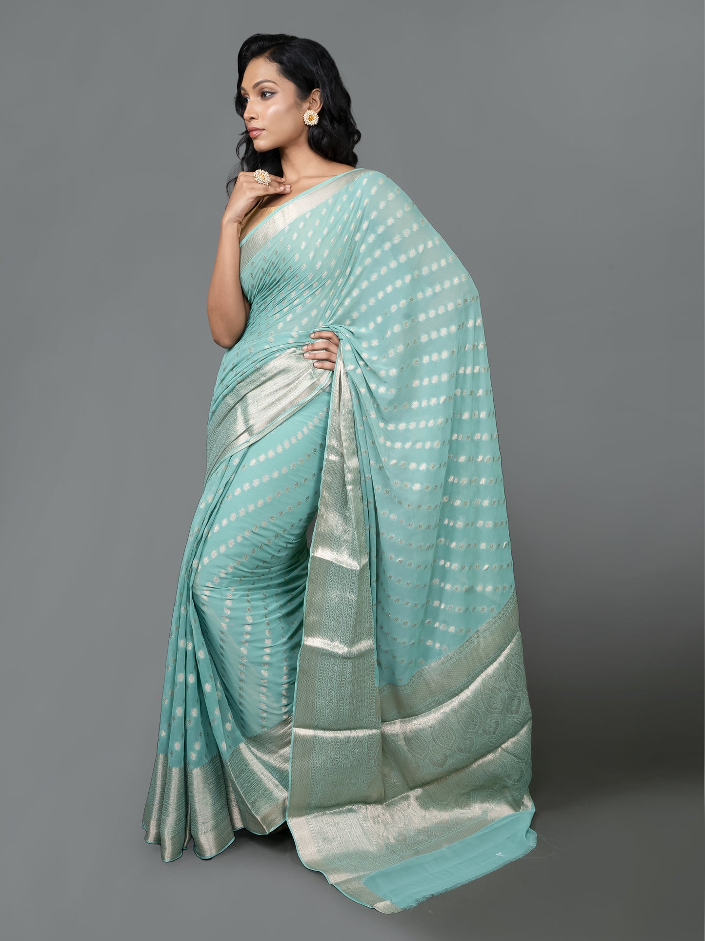Whispering Blue Fancy Chiffon Benarasi Saree