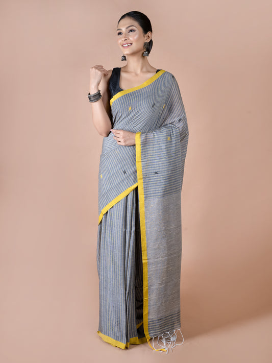 Grey and Yellow Cotton Ketia Jamdani Saree