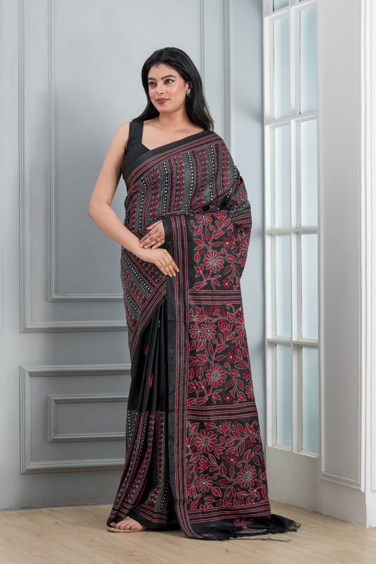 Hand Kantha Saree (Black & red )