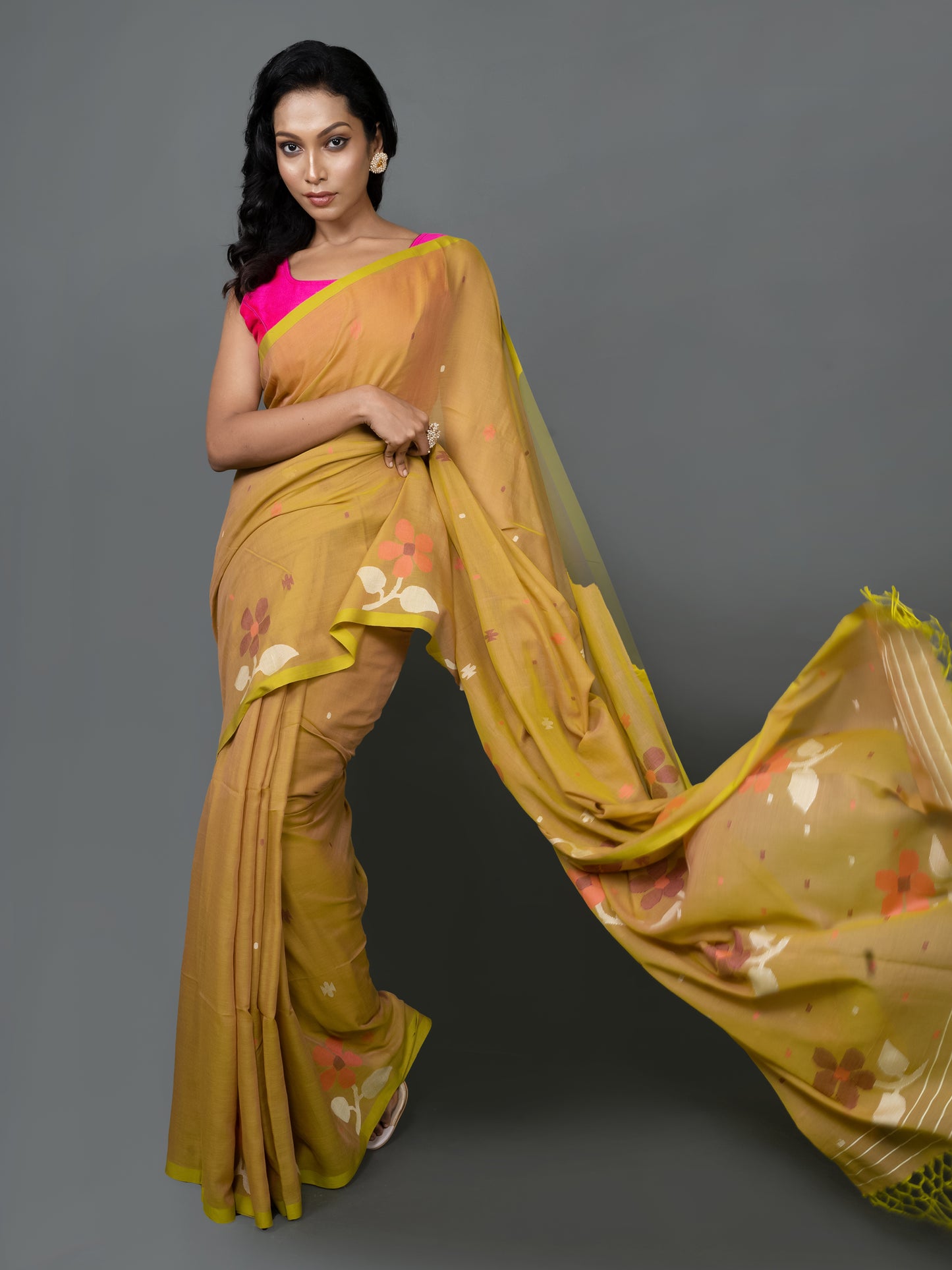 Olive Green Cotton Jamdani Saree
