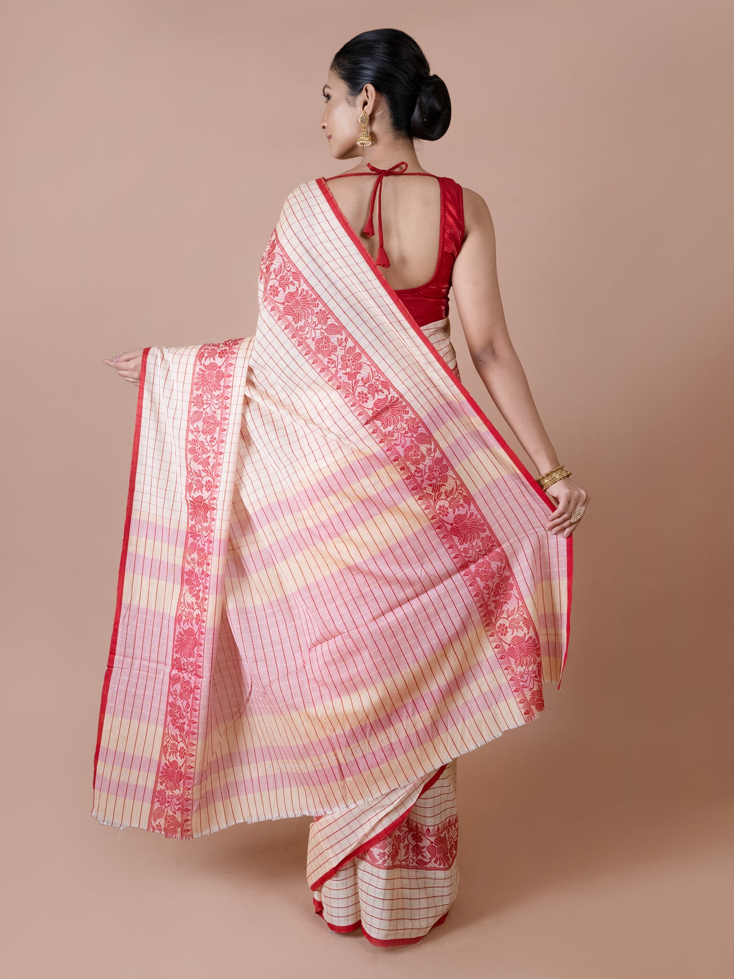 Off white & Red Dhonekhali Saree