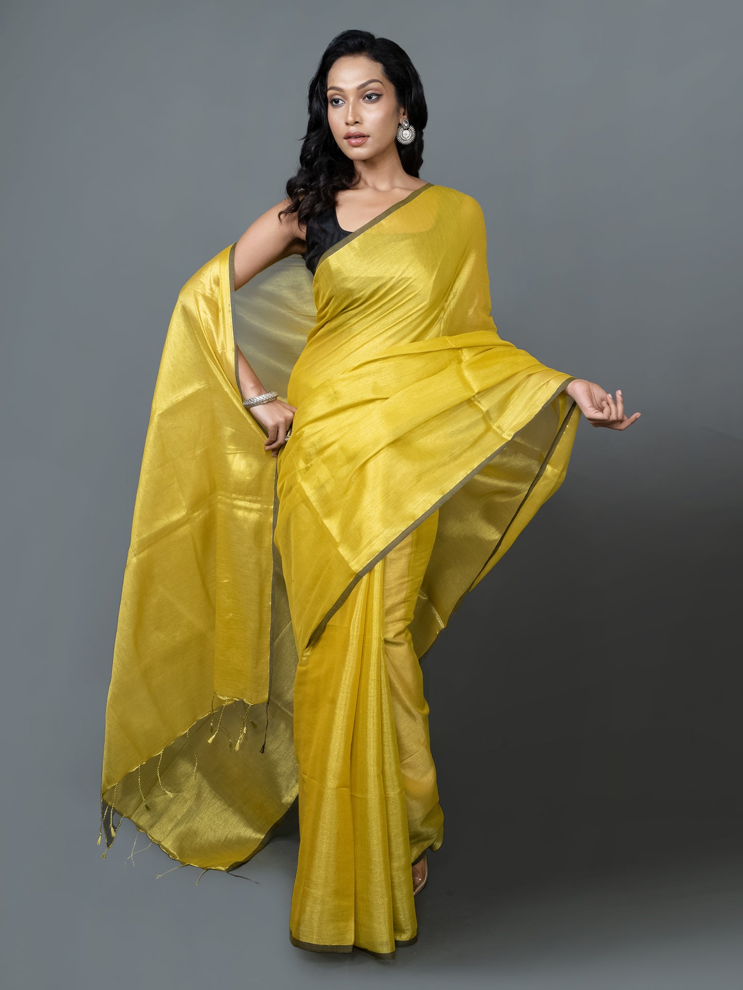 Yellow Cotton Tissue Saree