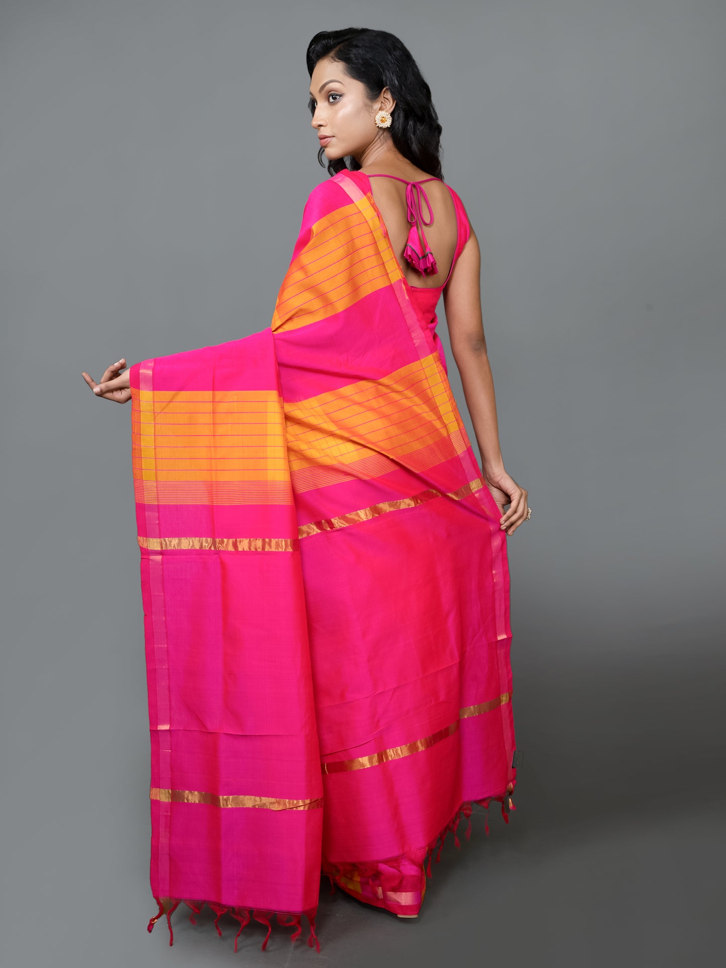 Pink and Yellow Kanchi Silk Cotton Saree