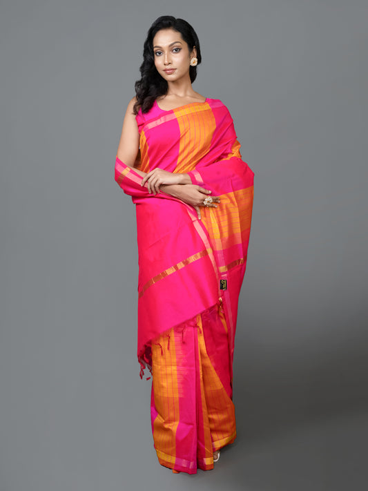 Pink and Yellow Kanchi Silk Cotton Saree