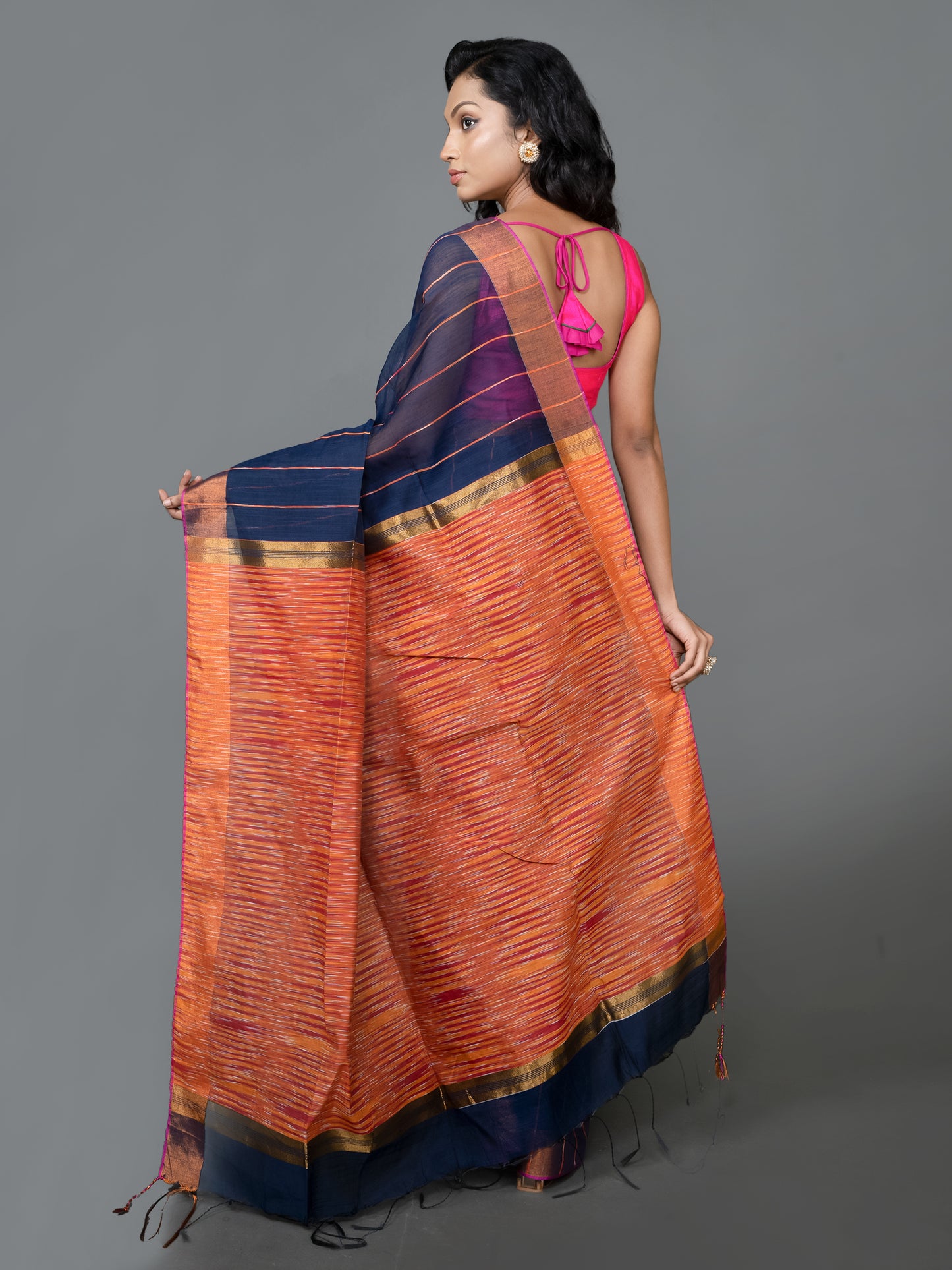 Navy Blue and Orange Silk Cotton Saree