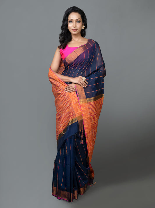 Navy Blue and Orange Silk Cotton Saree