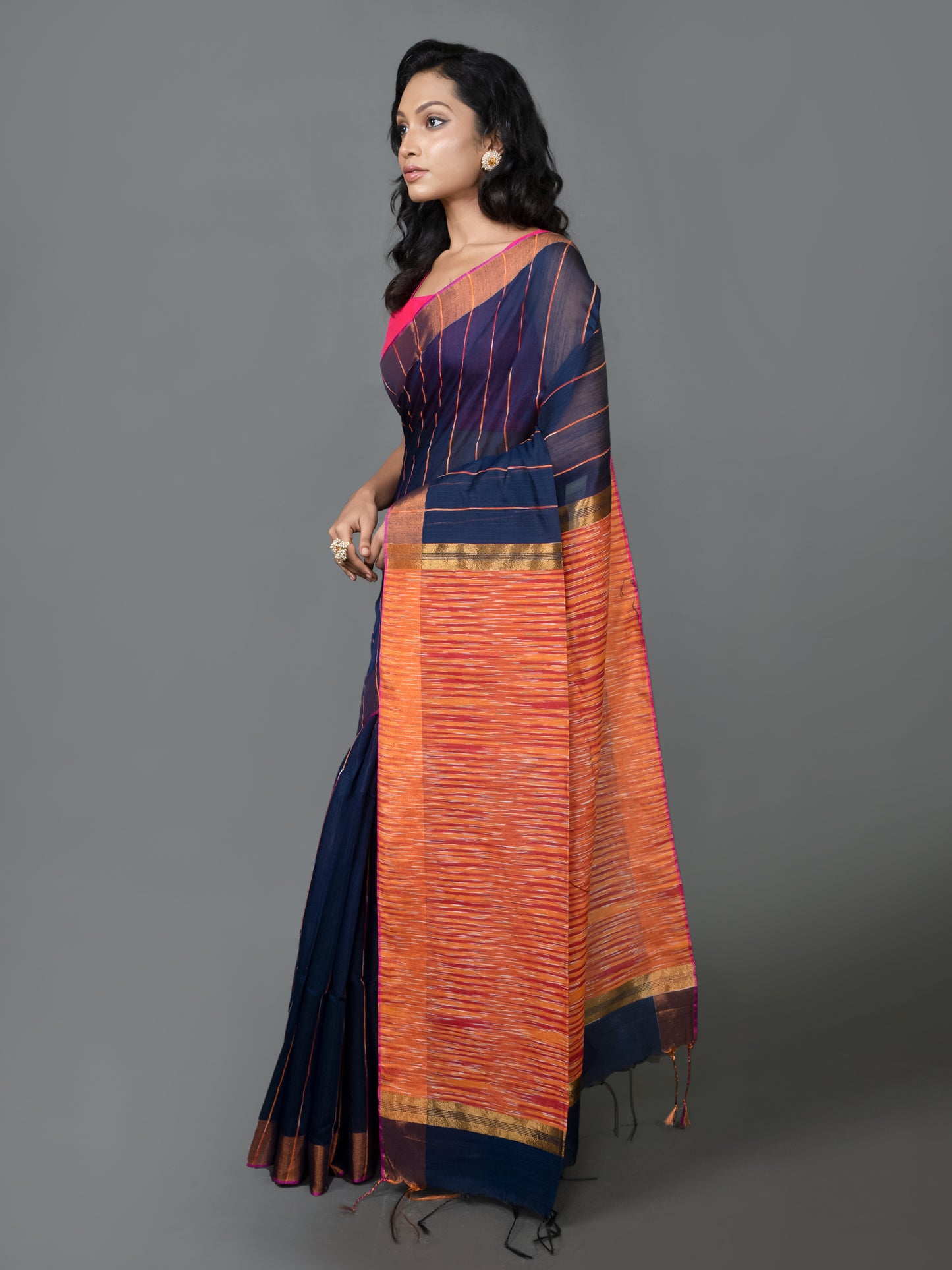 Navy Blue and Orange Silk Cotton Saree