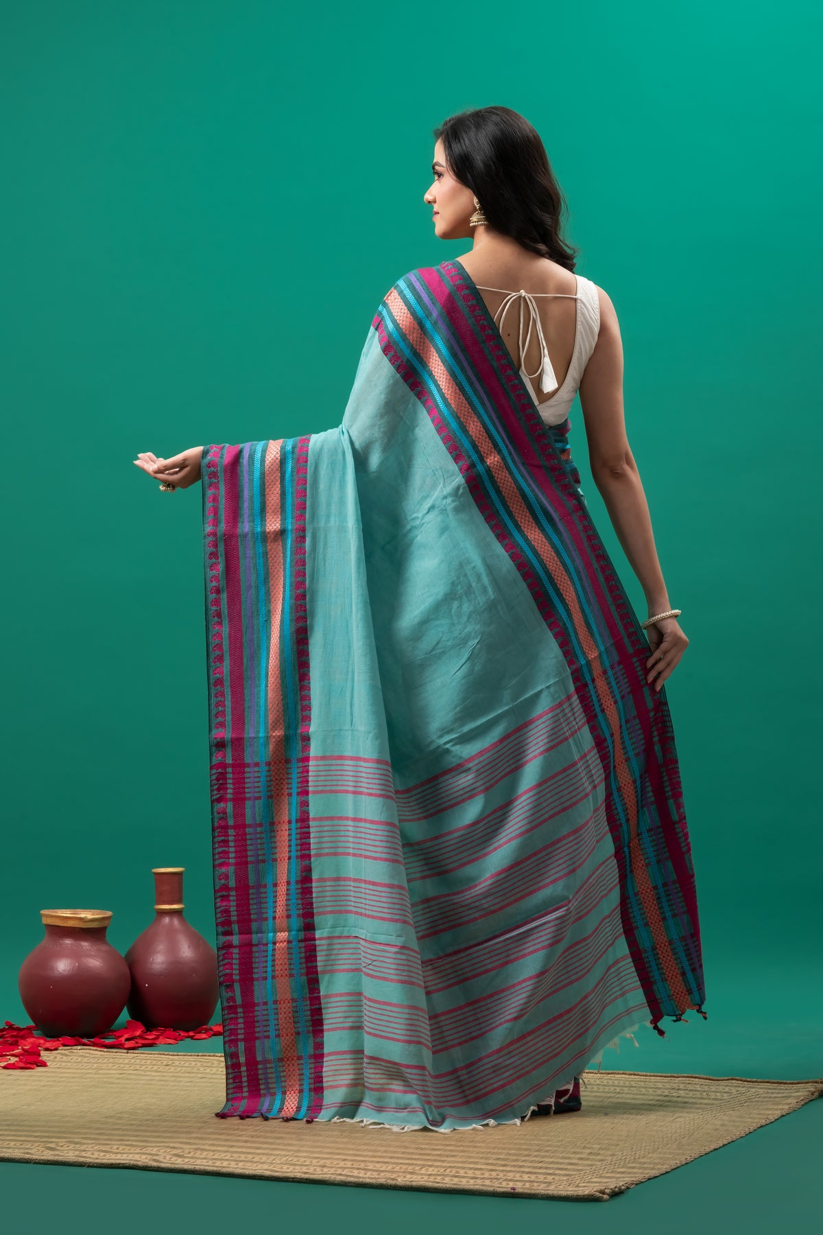 Blueish Green Pure Cotton Handwoven Saree