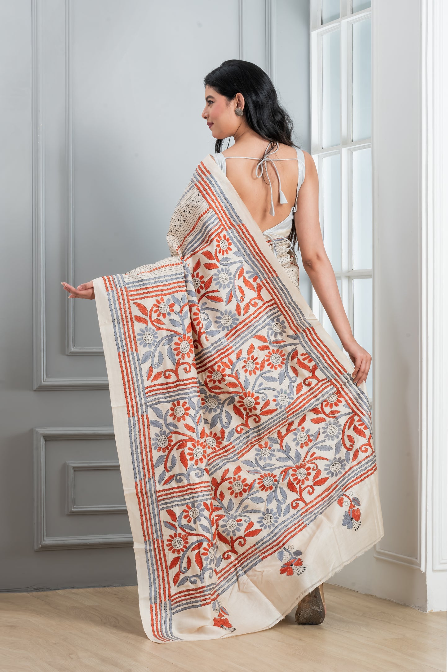 White Kantha Stitch Saree with on tussar Saree