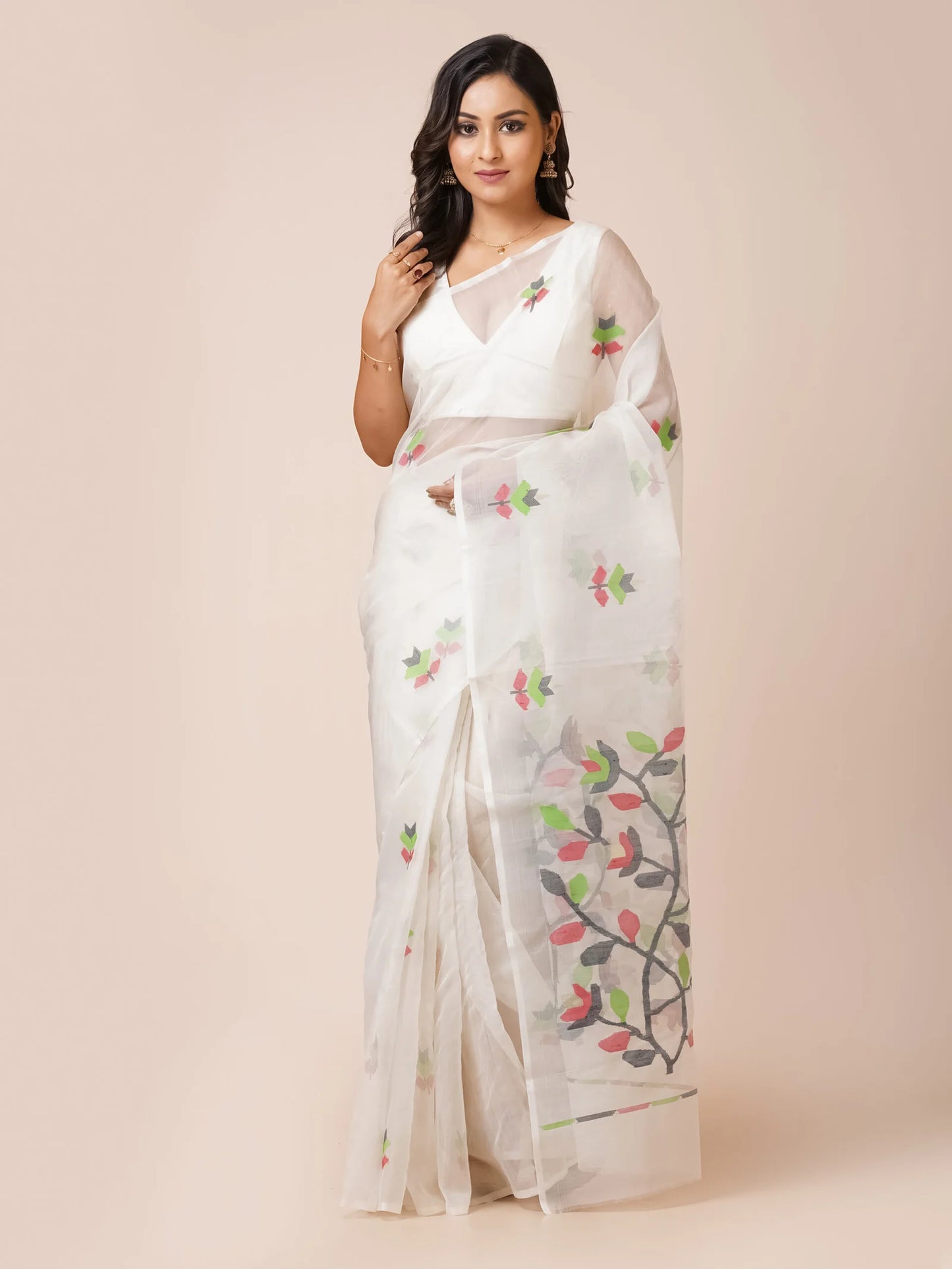 LOTUS DEW HANDWOVEN BENGAL MUSLIN JAMDANI SAREE