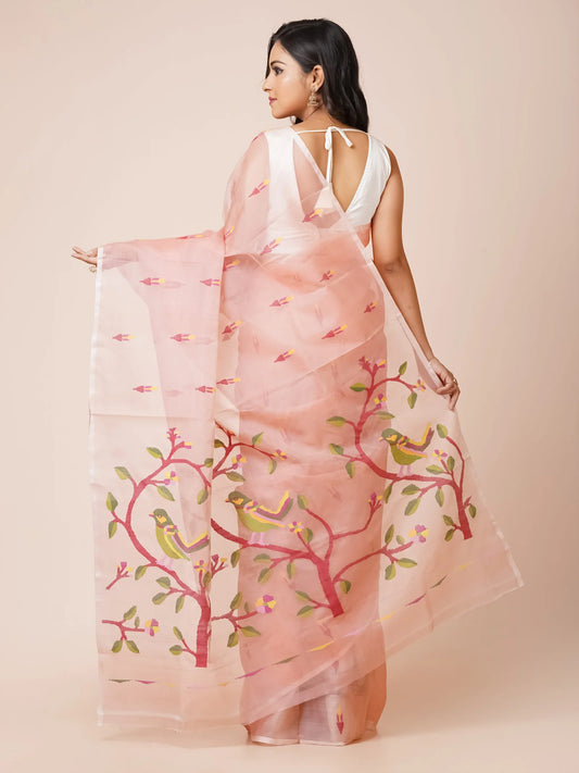 Peach Pure Muslin Saree With Floral Motifs and Birds