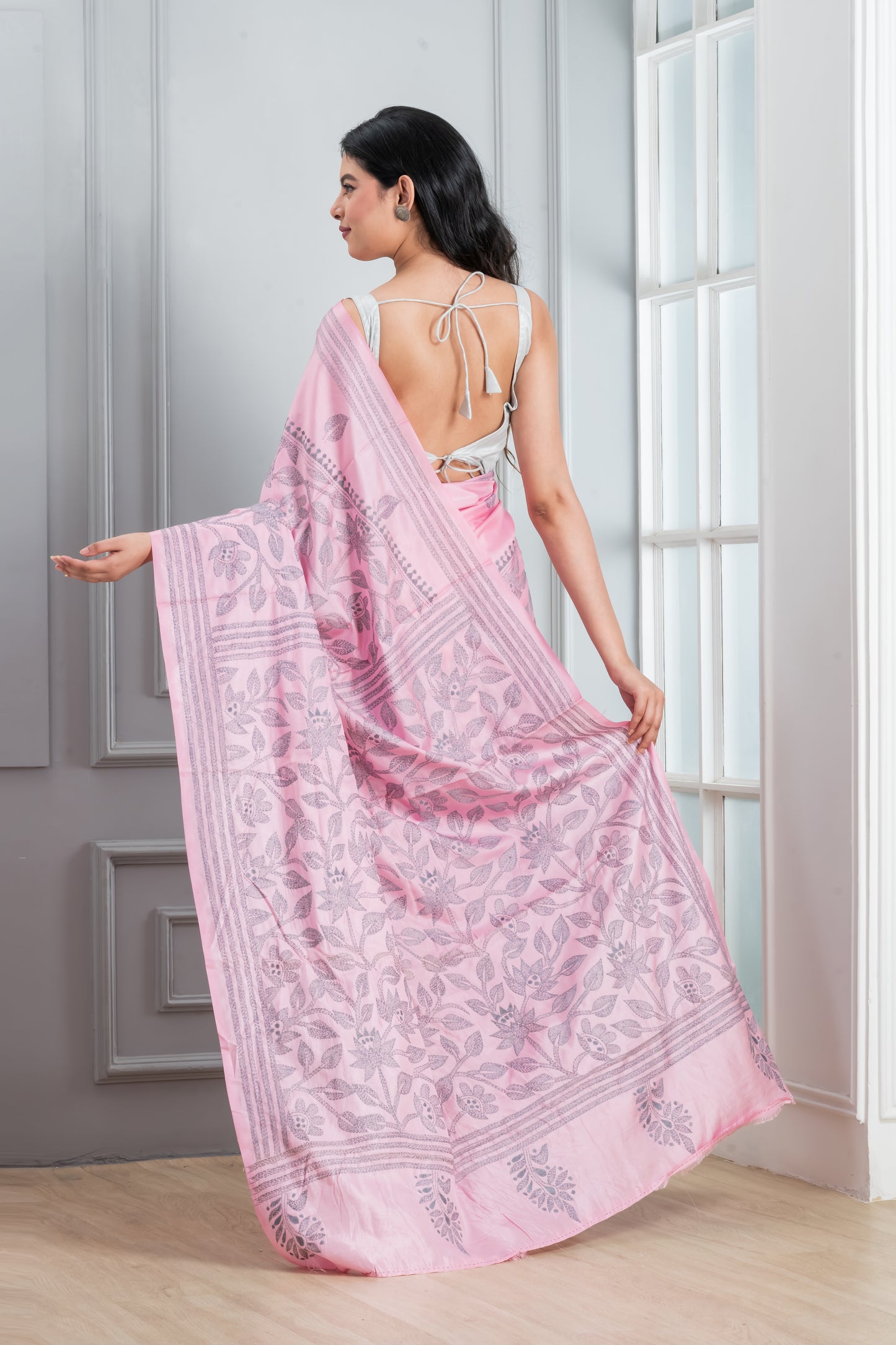 Pink Kantha stitch Saree
