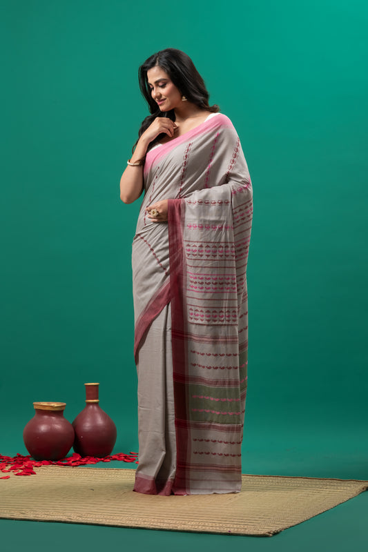 Grey and pink Mata par Pure Cotton Handwoven Dhanekhali Saree