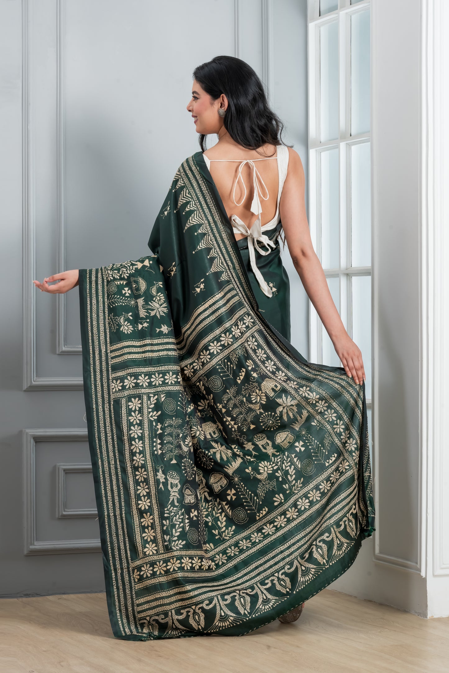 Green hand Kantha stitch saree