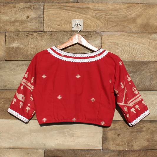 Red jamdani Blouse with White Lace Details