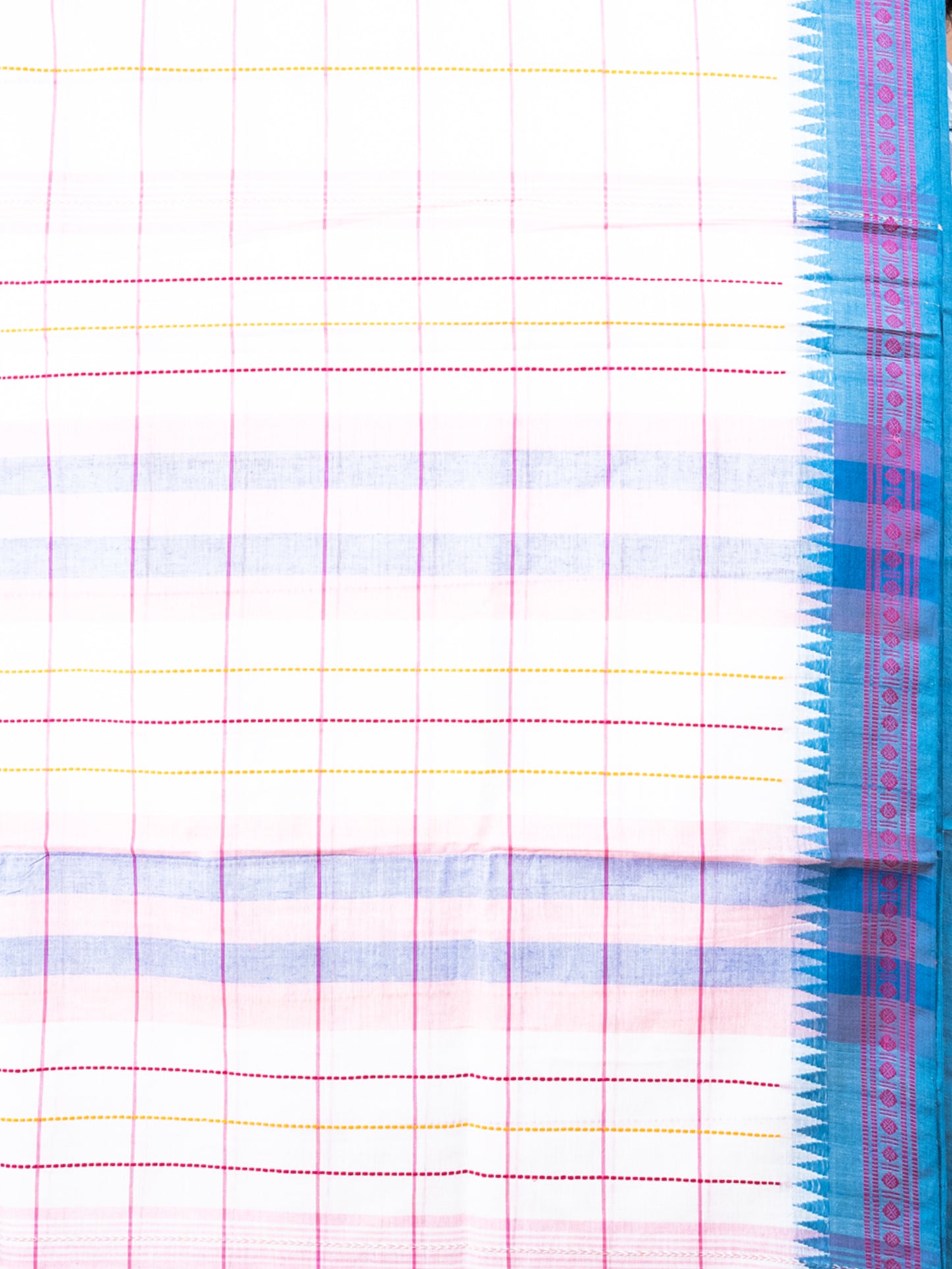 White & Sky blue Temple Border Dhonekhali Cotton Saree