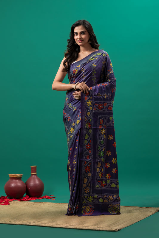 Purple Kantha stitch saree