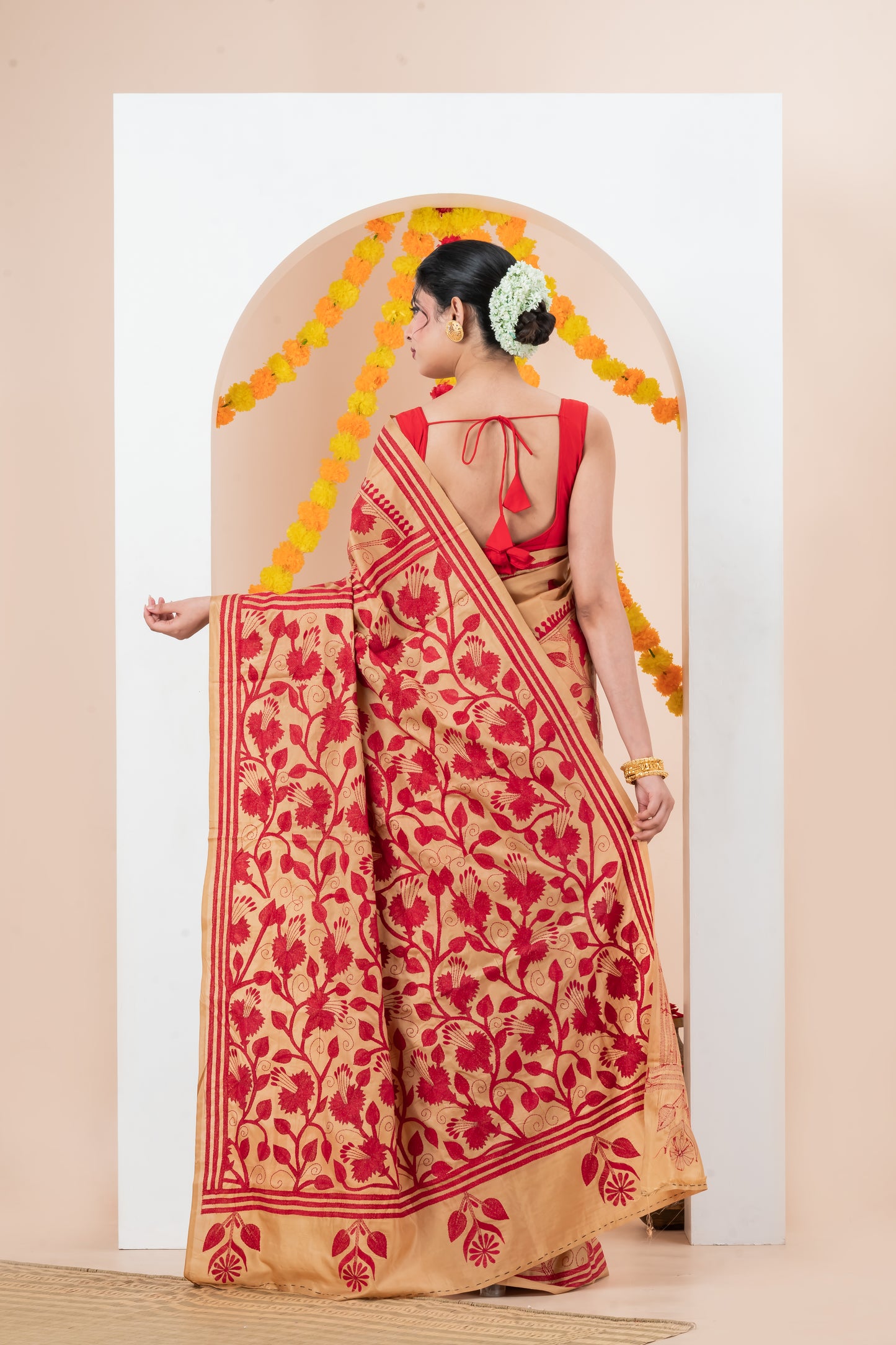 Red Floral-Patterned Saree