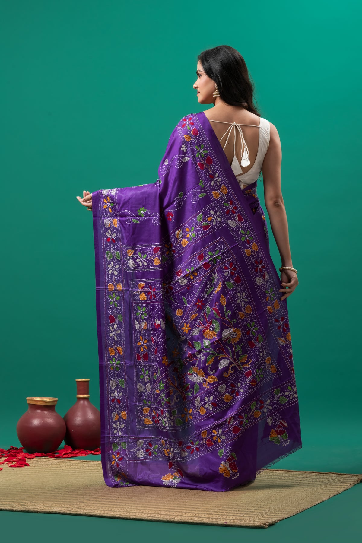 Purple Hand kantha stitch saree
