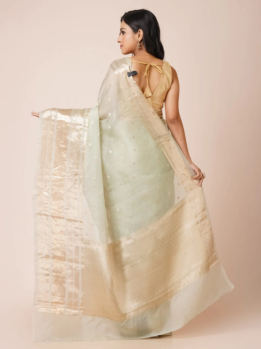 SOFT GREEN KORA BENARASI SAREE WITH WIDE ZARI BORDER