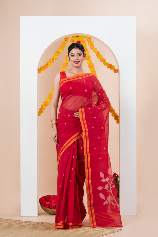Bright Red Saree Cotton Jamdani saree