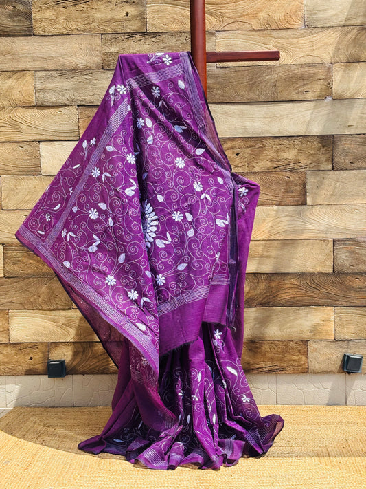 Purple pure cotton Kantha stitch saree