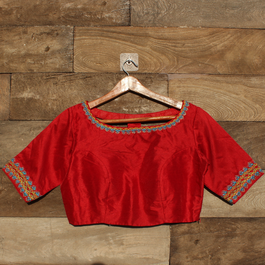 Red Boat neck Embroidery Blouse