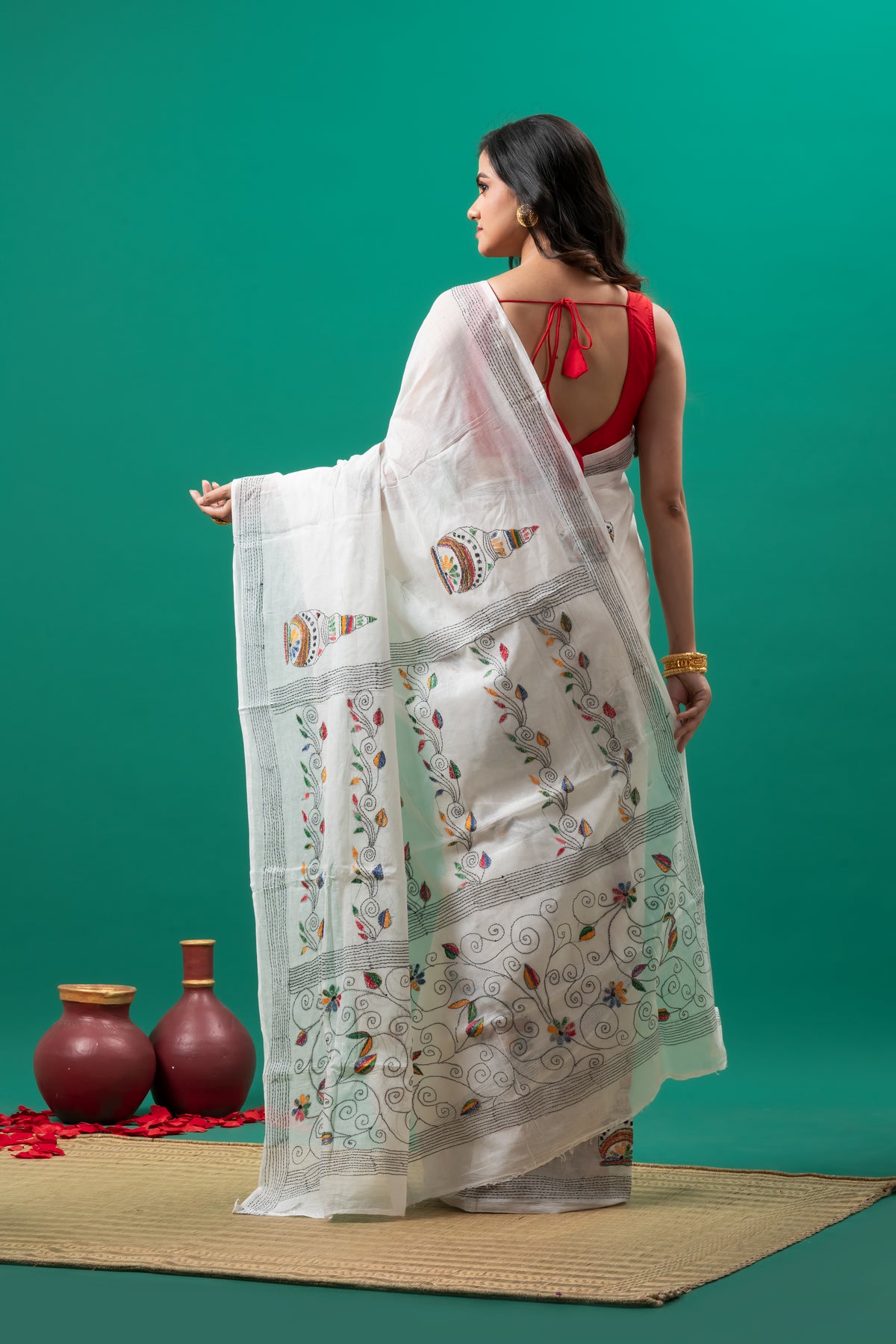 White pure cotton kantha Hand stitch saree