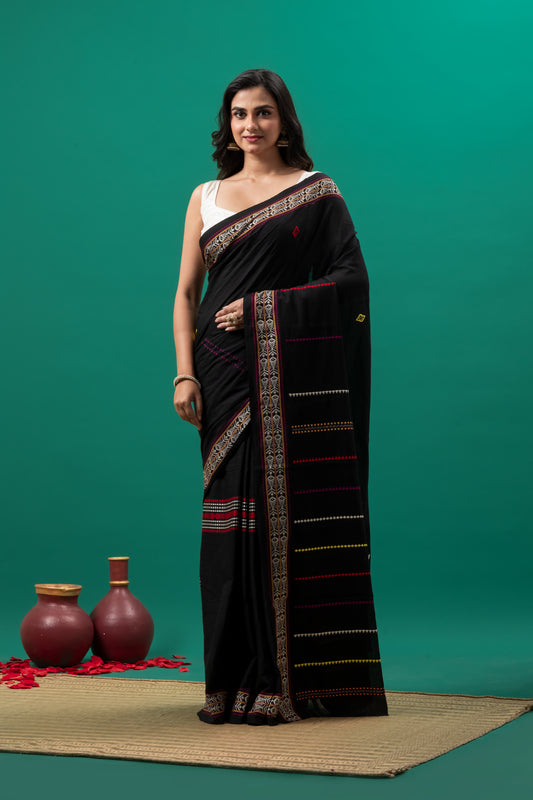 Black Pure cotton Pacha Pere Begumpuri Saree