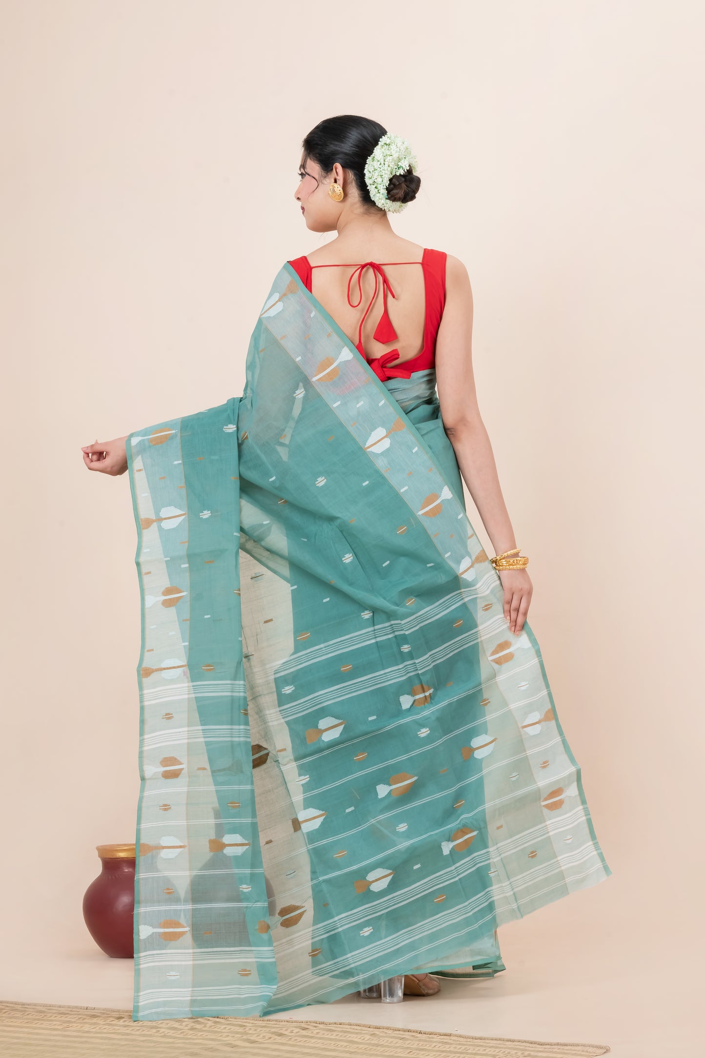 Teal-Green Pure Cotton Jamdani Saree