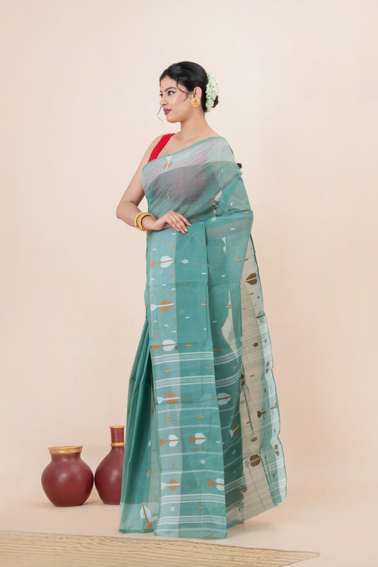 Teal-Green Pure Cotton Jamdani Saree