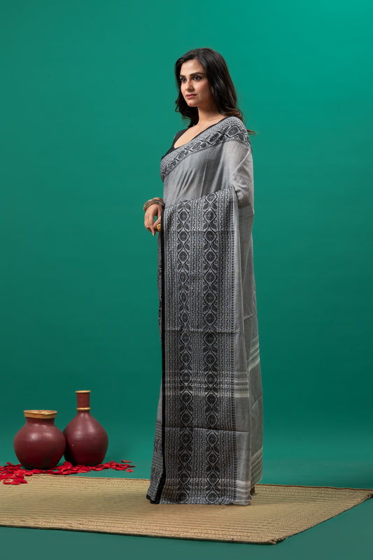 Grey Pure Cotton Dhonekhali Saree