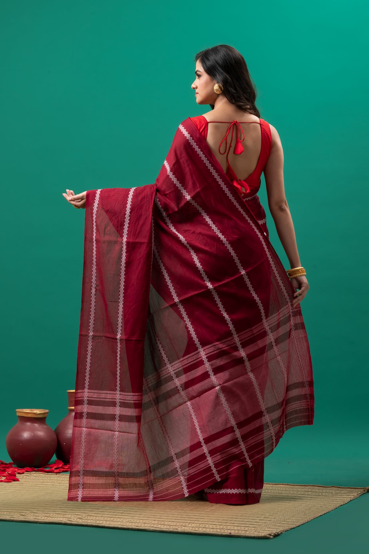 Maroon Pure Cotton Dhonekhali Saree