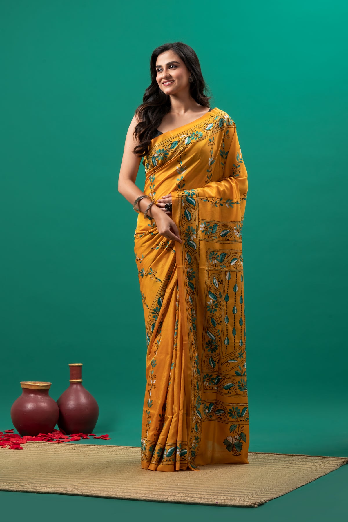 Yellow Kantha Stitch Saree on Blended silk